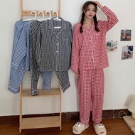 Fashion Plaid pajama For Women Loose Long Sleeve Pajamas Korean Cotton Sleepwear Set rSbx