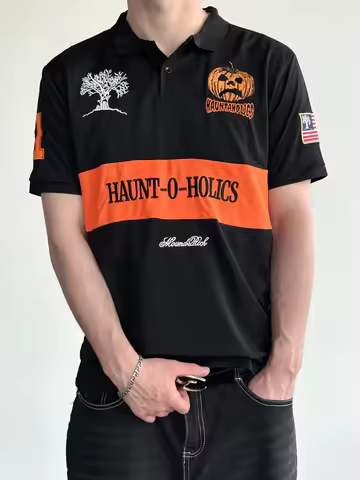 Футболка Поло Haunted Mound Hauntaholics Sematary Y2k Tshirt Mens Pumpkin Head Embroidered Oversized