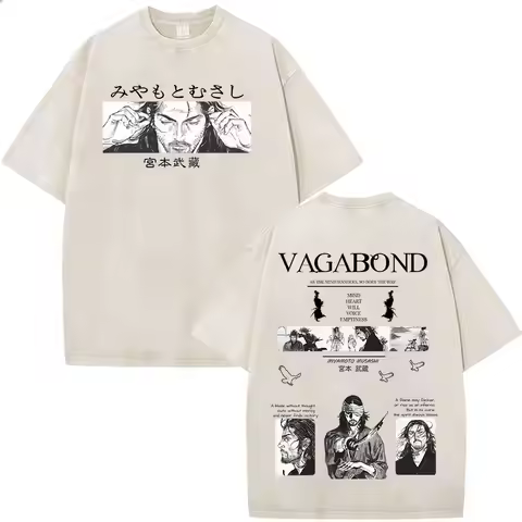 Vintage Washed Japanese Anime Vagabond Miyamoto Musashi T-shirts Unisex Clothing Fashion Casual Shor
