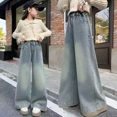 Spring Autumn Girls Pants 4-12 Years Children Casual Loose Jeans Star Knotbow Little Girls Denim Wid