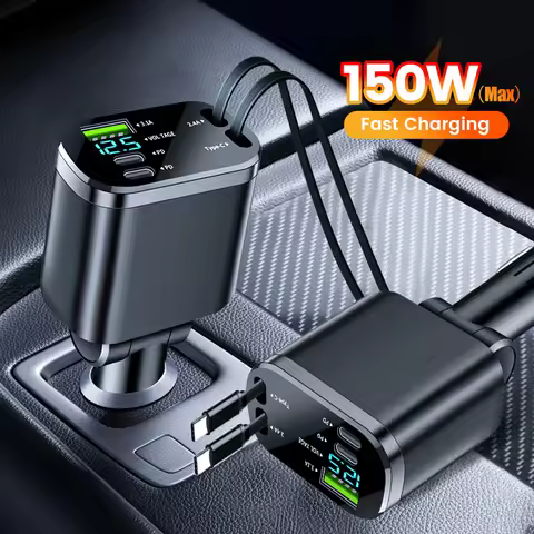 150w Car Charger USB+ Dual Type-C+Dual Type-C Stretching Cable PD Fast Charging Car Phone Digital Di