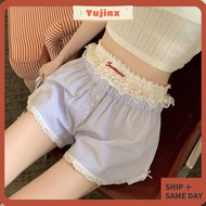 YUJINX Elastic Waist Shorts, Blue Pink Summer Striped Shorts, Causal Button Lolita Lace Leggings For