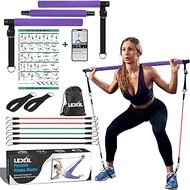 Portable Pilates Bar Exercise Kit with Fitness Video - Stackable 3 Pairs of Resistance Bands (15, 20, 30LB) - Home Gym Equipment for Men and Women, Workout Kit for Body Toning (Purple).
