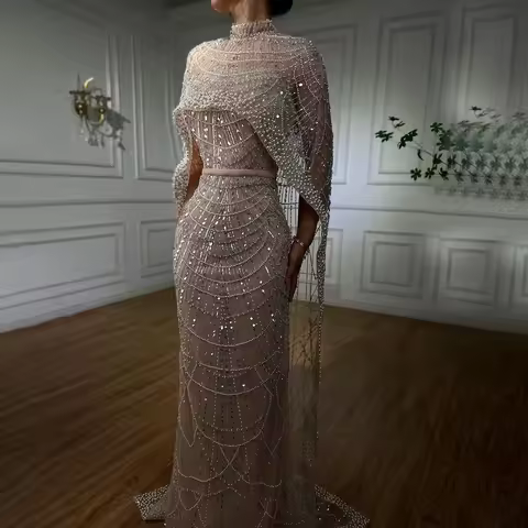 Serene Hill Nude Mermaid Long Cape Luxury Saudi Arabic Evening Dresses Gowns 2025 For Formal Occasio