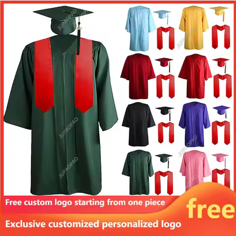 Yellow Pink Academic Uniform Men's and Women's Graduation Gowns Hats Adult Dress Sets Red Shawl Bach