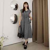 OB Round Neck Pleated Narrow-Waist Strap Loose Long Dress/Medium Large Size Dress < DA10355 >