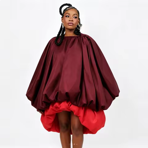 Burgundy Red Contrast Puffy Balloon Prom Dress Women Oversized Loose Puff Sleeve Evening Gown Africa