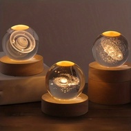 1pc 3D Crystal Ball Night Light Yellow Warm Light, Clear Crystal Ball With Wood Base, Night Light Wi