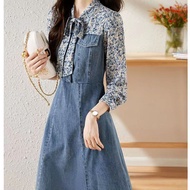 Floral Denim Stitching Narrow-Waist Dress Female S-2XL 40-75KG