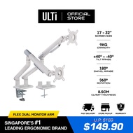 ULTi Flex Dual White Monitor Arm, Height Adjustable Mechanical Spring Monitor Desk Mount Stand, VESA