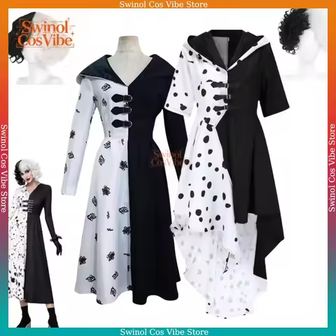Cruella De Vil Cosplay Costume Girls Women Evil Madame Cruella De Vil Cosplay Black White Maid Dress