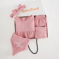 Newborn Baby Girls 5pcs Set: Cap Sleeve Cinching Waits Dress, Elastic Waist Shorts, Headband, Bib An