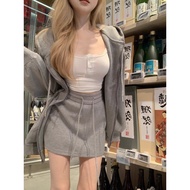 Lazy Style Suit Women Spring Casual Loose Gray Hooded Sweatshirt Jacket High Waist Hip Skirt Two-Pie