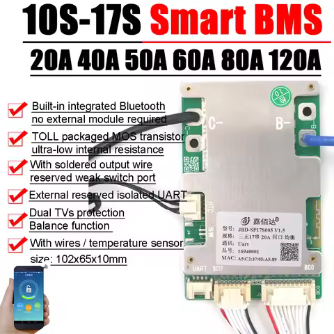 JBD 10S to 17S Bluetooth Smart BMS 14S 13S Lithium Battery Protection Board Balance 36V 48V 52V 60V