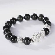 Black Obsidian Stone Bracelets Hand Accessories For Men With Real Sterling Silver Pixiu Feng Shui Cr