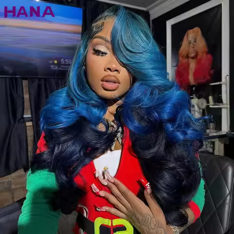 Ombre Black Blue Color 13x6 HD Lace Frontal Wig Pre-Plucked Rose Wave Body Wave Human Hair Wigs For 
