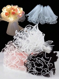 4yards Giấy lưới gói hoa viền ngọc trai, Giấy gói bó hoa, Sợi lưới nhăn gợn'sóng dùng làm đồ thủ côn