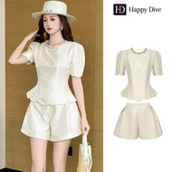 Happy Diva ชุดเซ็ท 2 ชิ้น ผญ เสื้อแขนพอง+กางเกงขาสั้น ชุดทำงาน ชุดไฮโซ จั๊มสูทผู้หญิง ชุดจั๊มสูทหญิง