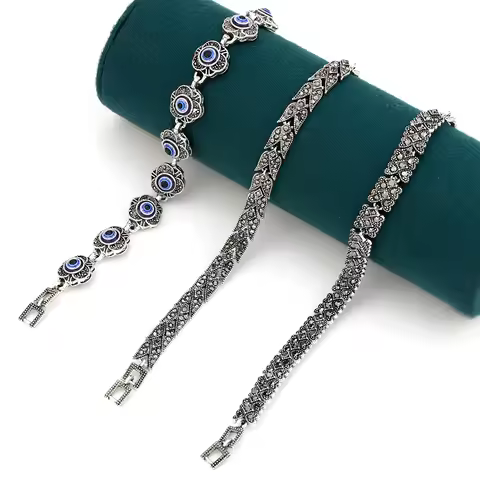 New Vintage Turkish Bohemia Bracelet For Women Retro Silver Color Crystal Link Bracelet Charm Evil E