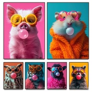 Funny Cute Animals Bubblegum Poster Raccoon Tiger Fox Llama Hamster Canvas Painting Wall Art for Liv