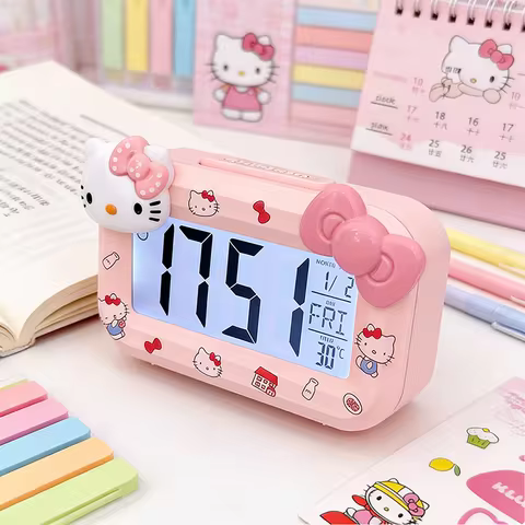 Hello Kitty Desktop Clock Cartoon Multi-Functional Mini Digital Alarm Clock Timing Temperature Date 