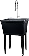 Utility Sink Extra-Deep Laundry Tub in Black with High-Arc Stainless Steel Coil Pull-Down Sprayer Faucet, Integrated Supply Lines, P-Trap Kit, Heavy Duty Floor Mounted Freestanding Wash Station