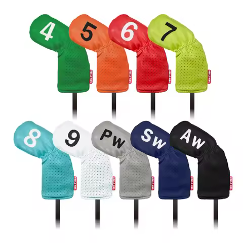 9 PCS Golf Iron Head Cover Numbered 4/5/6/7/8/9/P/S/A PU Waterproof Leather Black White Blue Green C