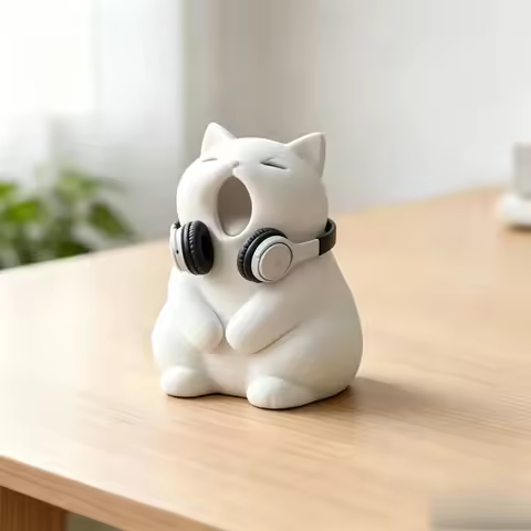 3D Printed Yawning Cat Figurine Mini Trinket Holder White Cute Kitten Storage Decor Desk Jewelry Ear