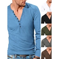 Henry V-neck T-shirt Men Spring Autumn Henry shirt Retro Long-sleeved Casual Button V-neck Slim-fit 