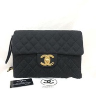 CHANEL VINTAGE 黑色棉布大LOGO CF後背包雙肩包