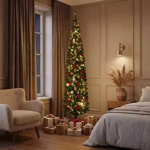 6.5/7.5ft Pre-Lit Pencil Christmas Tree, 250/350 Warm White Lights, Slim Pvc Hinged Artificial Tree