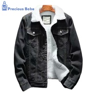 Men Jean Jacket Thicken Lamb Cashmere Lining Solid Color Coldproof Outerwear Winter Single Breasted 