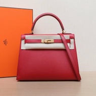 HERMES Kelly28Q5國旗紅Epsom皮A刻金扣肩背包