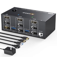 Triple Monitors KVM Switch 2 Displayport + HDMI USB 3.0 KVM Switch 8K@60Hz,4K@144Hz,Apply to 3 Monit