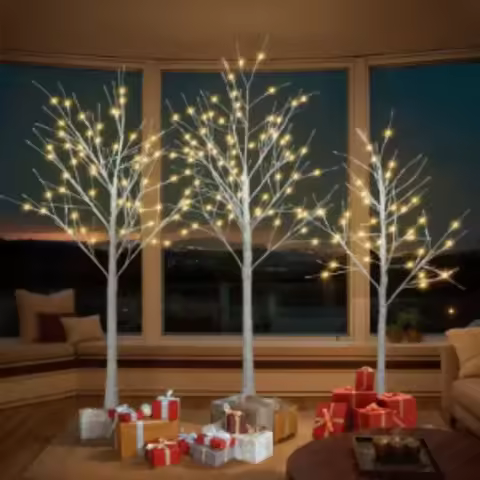 Set of Lighted Birch Tree 4FT 48 /5FT 72 /6FT 96 Artificial Tree Warm Lights Christmas Tree for ​Dec