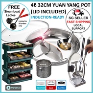 WOODLES 4 Litre 32cm Stainless Steel Yuan Yang Steamboat Pot Induction Hotpot Dual Pot Glass Lid Yua