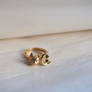 貓月亮戒指，銀，貓戒指，貓銀戒指，貓和月亮戒指。