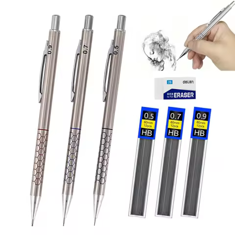 7pcs set Metal Mechanical Pencil Set with HB Lead Refill Drafting 0.5 0.7 0.9mm Automatic Pencil For