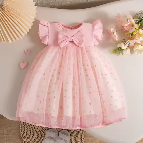 Baby Girl Dresses Beach Party Sweet Bow Love Embroidery Round Neck Sleeveless Tutu Skirt Children Cl