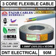Sirim (100% Pure Copper) 1.5MM FAJAR 3 Core Flexible Cable Core | Fajar Cable Wire Wayar | PVC Contr