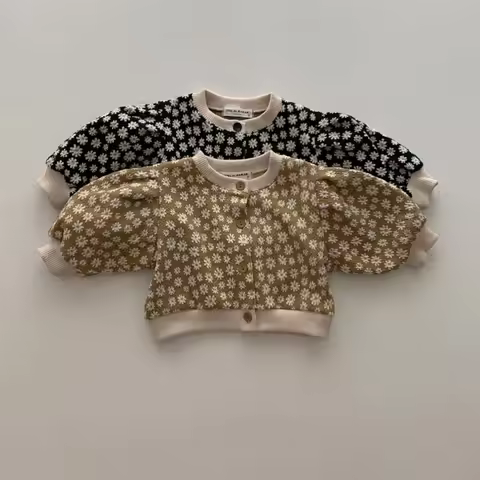 Baby Girls Daisy Print Knitted Cardigan Spring Autumn Puff Sleeve Button Sweater Coat Cute Baby Girl