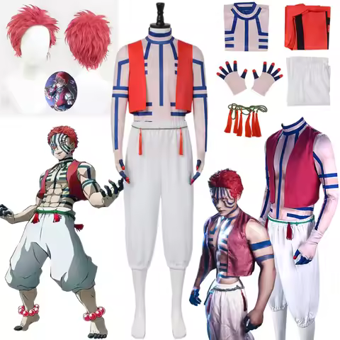 Akaza Cosplay Costume Anime Demonn Kimetsu No Yaiba Hakuji Akaza Wig Slayer for Men Boys Halloween P