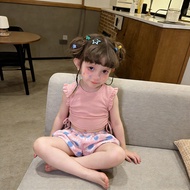 Dopamine floral print set for girls, drawstring T-shirt, shorts, flutter sleeve, bud pants