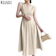 Zanzea ชุดเดรสสําหรับสตรีแขนกุดคอกลมทรงสลิมมีซิปสไตล์ฝรั่งเศส