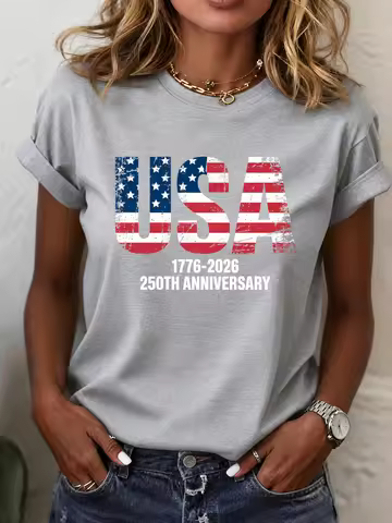 ilstile Women's 250th Anniversary 1776-2026 T-Shirt USA American Flag Print 4th of July Patriotic Ca