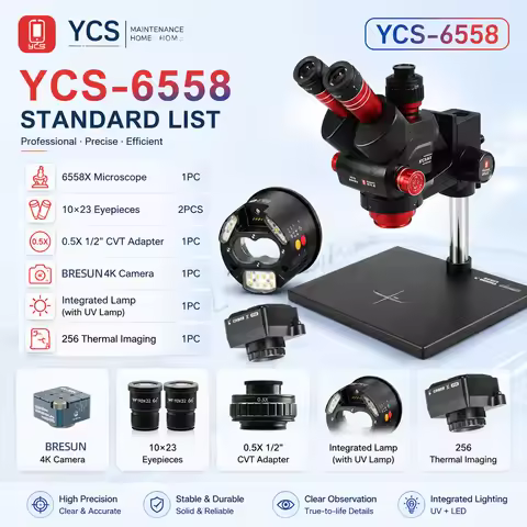 YCS 6558X Ultra HD Trinocular Microscope with Large Base 6.5-58 Zoom 4K Camera for Mobile Phone PCB 