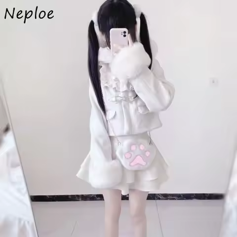 Neploe Sweet Fresh Japanese Lovely Coat Bow Fur Patchwork Short All-match Preppy Style Jacket Small 