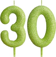 30th Glitter Birthday Candles Green Number 30 Candle Birthday Cake Topper Decorations for Girls Kids