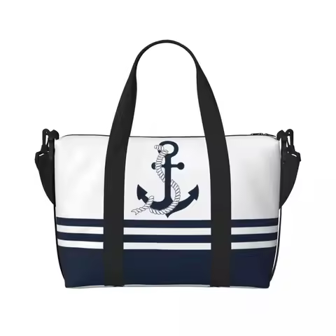Custom Nautical Blue Anchors With Blue And White Stripes Beach Tote Bag Extra Large Gym Carry On Nav