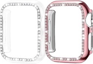 [2-Pack] ALADRS Bling Hard Bumper Frame Compatible for Apple Watch 44mm Case, Shiny Crystal Diamonds Protective Cover for iWatch Series 6 Series 5 Series 4 SE (Rose Pink+Clear 44mm)